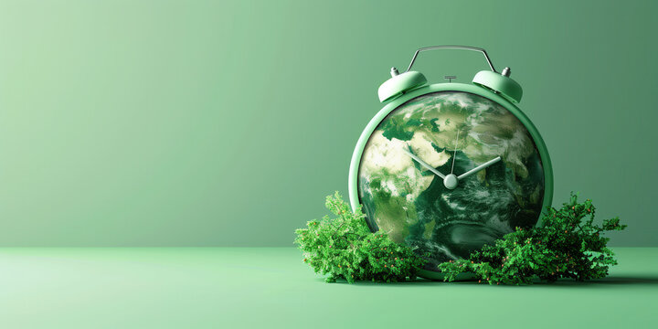 An alarm clock counting down to climate change. Set on a green background