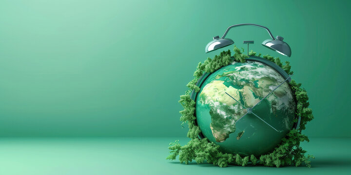 An alarm clock counting down to climate change. Set on a green background