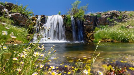 Obraz premium A tranquil waterfall in a meadow, with wildflowers blooming and a clear blue sky overhead