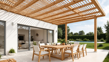 Fototapeta premium A modern outdoor dining area with a wooden pergola, a large dining table and chairs, and a view of a swimming pool.