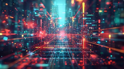 Obraz premium Futuristic Glitchscape: Holographic Background with Digital Artifacts and Light Reflections