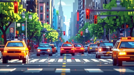 Naklejka premium Vibrant city street scene with taxis, cars, tall buildings, and green trees under a bright sky, capturing urban life in a downtown area.