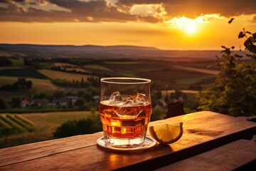 Rural Sunset: Capture a cocktail with the sun setting over rolling hills in a rural village.