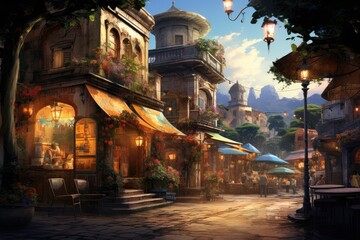Fototapeta premium Marketplace Splendor: Highlight a vibrant drink with a backdrop of a lively village marketplace.