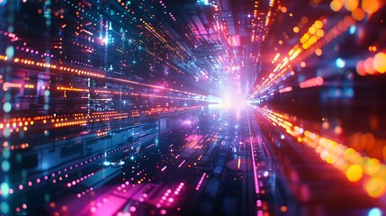 Naklejka premium Neon Cyberpunk Cityscape - Abstract Background with Futuristic Urban Atmosphere and Digital Glitches