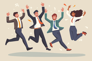 Happy businesspeople jumping and high-fiving, celebrating team success and goal achievement