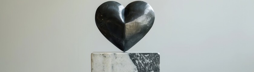 Modern black marble heart sculpture with intricate details, displayed on a stone pedestal against a minimalist background.