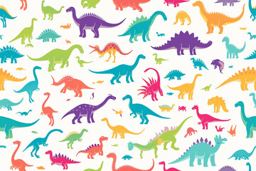 Colorful seamless pattern with various dinosaur silhouettes in bright hues on a light background. Ideal for children's clothing and accessories.