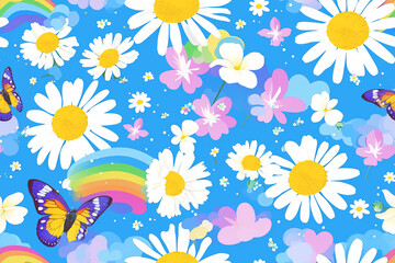 Obraz premium Vibrant seamless pattern with large white daisies, butterflies, and rainbows on a bright blue background. Perfect for children's products and summer-themed items.