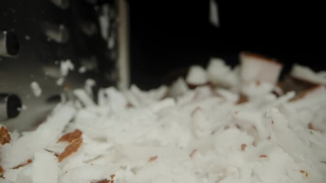 Metal Grater on the Table and a Pile of Coconut Shavings Falling from Above, Grating Coconut Pulp. Dolly Slider, Close-Up.