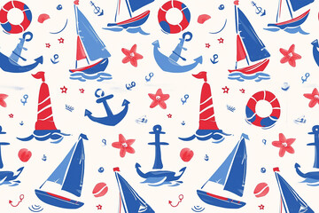 Fototapeta premium Nautical pattern with sailboats, anchors, and lifebuoys in red, white, and blue. The design is whimsical and perfect for a seaside-themed project.
