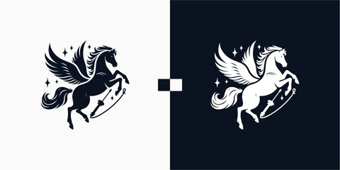 Pegasus horse logo, Pegasus Skyline vector design inspiration, Monochrome Emblem of Running Pegasus isolated on white, Vector image of a silhouette of a mythical creature of Pegasus Illustration