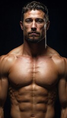 A muscular, handsome man confidently poses for a picture without a shirt on.