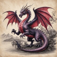 Obraz premium Purple Dragon with Red Wings Illustration
