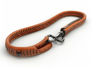Brown leather dog leash with a silver snap hook, white background