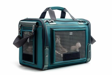 The image shows a green and gray pet carrier. The carrier is made of durable material and has a mesh door for ventilation, white background
