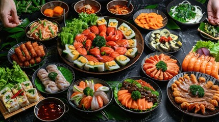 Sumptuous Asian Sushi and Seafood Feast - An exquisite assortment of sushi, seafood, and traditional Asian dishes, artistically arranged on a dark background, perfect for gourmet dining.
