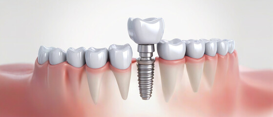 White dental implant. Dental implant. Implants can support a permanent single tooth crown, a multi-tooth bridge or even a full fixed denture. Generative AI