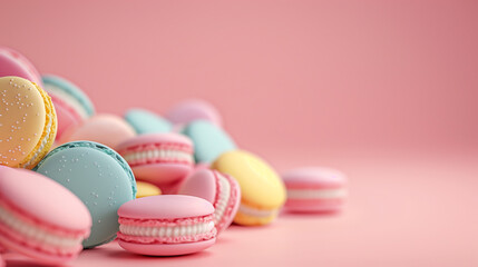 Fototapeta premium Tasty pink, blue, yellow, and green French macarons with delicate textures and gloss finishes, showcasing Easter sweet desserts in a studio setting on pastel pink background