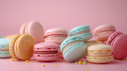 Obraz premium Tasty pink, blue, yellow, and green French macarons with delicate textures and gloss finishes, showcasing Easter sweet desserts in a studio setting on pastel pink background