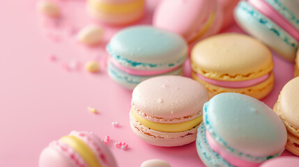 Obraz premium Tasty pink, blue, yellow, and green French macarons with delicate textures and gloss finishes, showcasing Easter sweet desserts in a studio setting on pastel pink background