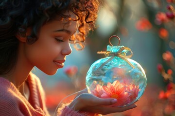 Fototapeta premium A young woman admiring a flower inside a glass orb in a magical outdoor setting