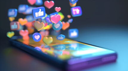 Vibrant image of likes and thumbs-up signs flying out of a smartphone