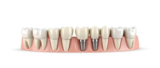 White dental implant. Dental implant. Implants can support a permanent single tooth crown, a multi-tooth bridge or even a full fixed denture. Generative AI