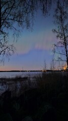 night view on northern lights from the forest near the lake