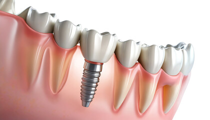 White dental implant. Dental implant. Implants can support a permanent single tooth crown, a multi-tooth bridge or even a full fixed denture. Generative AI