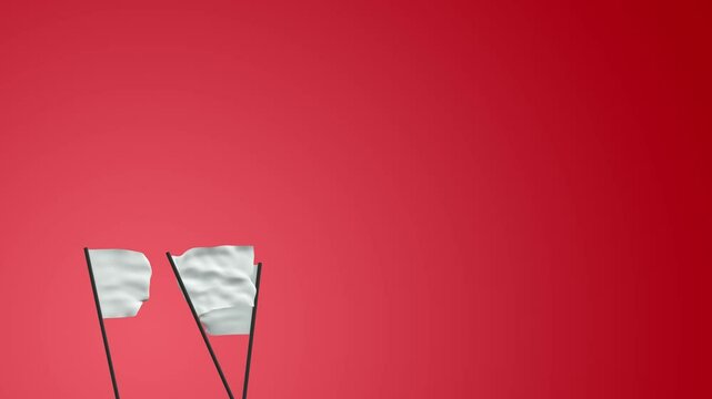 white flags raised and waved - red background