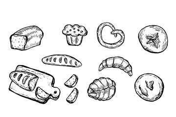Bread collection in retro style. Sketch of bun, croissant and other icons. Rural elements of harvest, bakery shop.