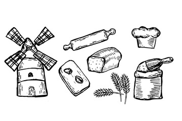 Bread collection in retro style. Sketch of wheat, flour, mill and other icons. Rural elements of harvest, bakery shop.