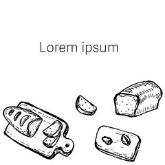 Breads shop banner in retro style. Engraved elements background for bakery. Tasty baked food sketched. Breads sketch banner.