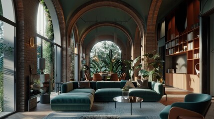 Fototapeta premium Modern Living Room Design with Green Sofa and Brick Arches.