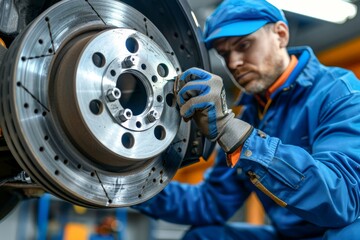 Auto maintenance  mechanic replacing brakes for improved vehicle safety and performance