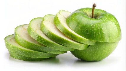 Green apple slices isolated on white background, promoting healthy eating and organic produce, green, apple
