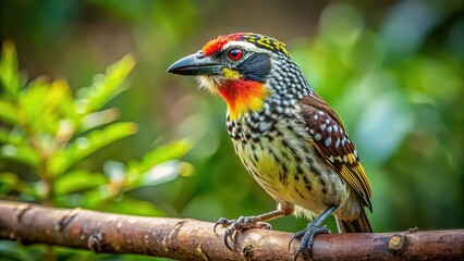 Vibrant of a Spot-flanked Barbet in its natural habitat in Africa , bird, barbet, wildlife, African, forest, woodland, colorful