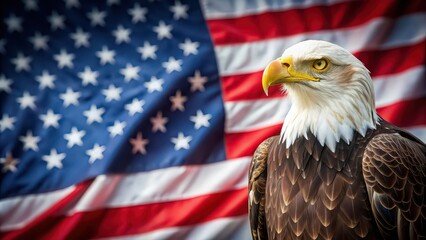 American bald eagle perched proudly in front of the American flag, patriotic, symbol, freedom, majestic, United States