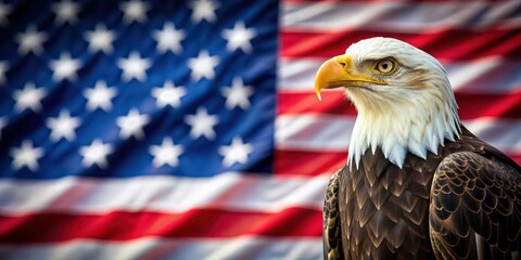Naklejka premium American bald eagle perched proudly in front of the American flag, patriotic, symbol, freedom, majestic, United States