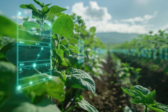 Green leaves with digital interface in a modern agricultural field background, crop management and sustainability. Concept of precision farming, smart agriculture, and eco-friendly practices.