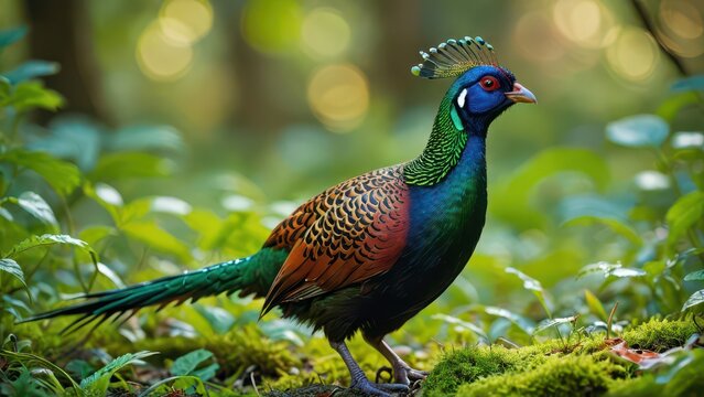 Vibrant Male Himalayan Monal Pheasant in Lush Forest.