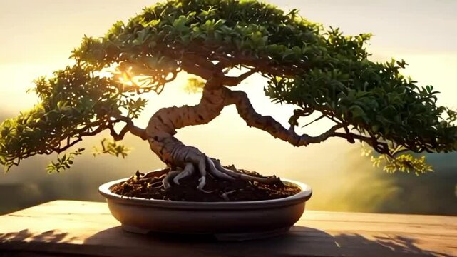 bonsai tree in the morning, smooth 4k virtual video animation background