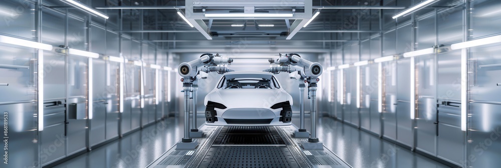 Poster a white car is being painted by robotic arms in a modern automotive paint shop, showcasing efficient