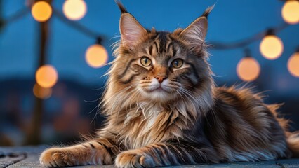 Fototapeta premium Maine Coon Cat with String Lights.
