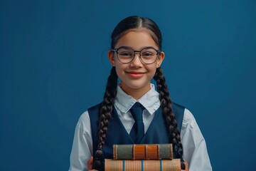 A teenage girl with braids and glasses, wearing a school uniform, holding a stack of books and smiling confidently against a solid navy blue background, representing academic excellence.