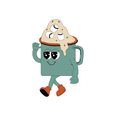 Naklejka premium Brewing Cocoa Groovy Character. Isolated on white. Cute y2k hot cocoa drink brewing sticker.