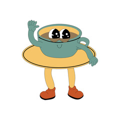 Coffee Groovy Characters set. Isolated on white. Cute y2k hot drink brewing sticker. Coffee cup retro element.