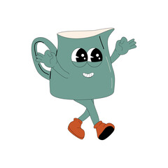 Milk Groovy Character. Isolated on white. Cute y2k drink sticker. Milk pot - mascot.