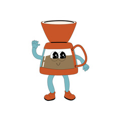 Fototapeta premium Brewing Coffee Maker Groovy Character. Isolated on white. Cute y2k hot drink brewing sticker. Coffee machine or pot.